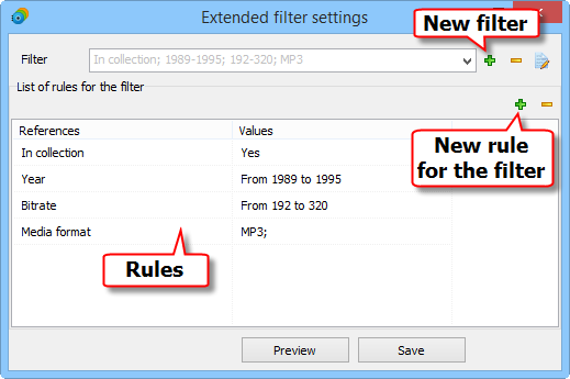 Extended filter settings