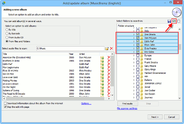 Selecting folders with music albums