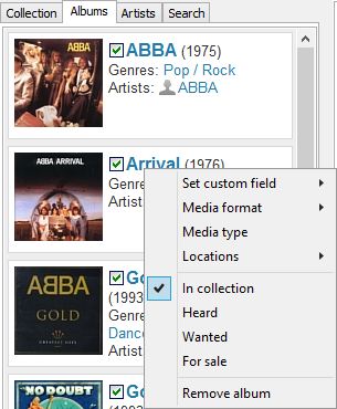 Right-click menu for the album list