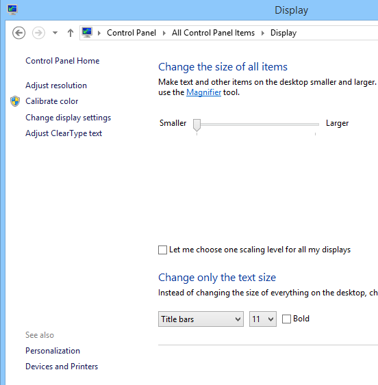 Display settings in Windows 8.1