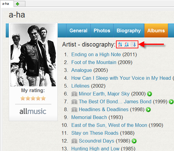 Sorting icons on a discography page