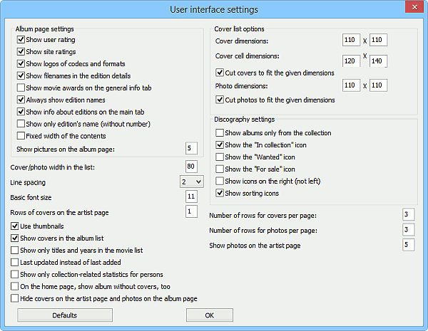 Settings of the selected user interface