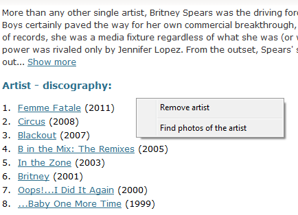 Right-click menu on the page of an artist