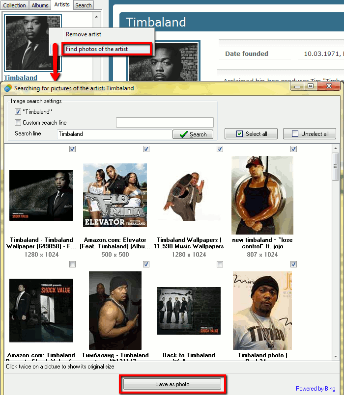 Search for album covers with Bing