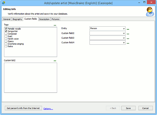 Edit info - custom fields