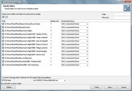 Select folders to export to Dune and the connection method for the folders