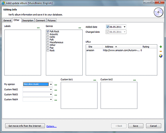 Set custom fields for the album