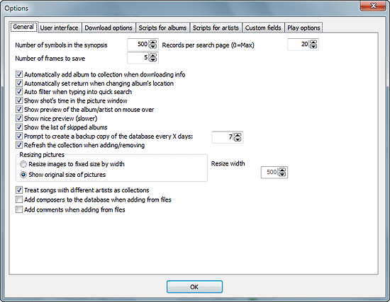 General options of Musicnizer